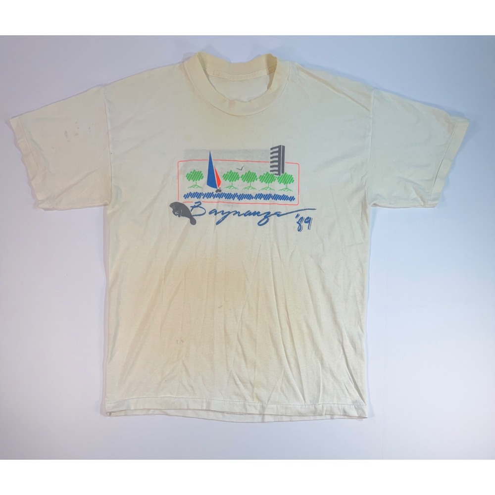 Vintage 1989 Baynanza T‎ Shirt Metro Dade Florida Manatee Stop Pollution Cream M